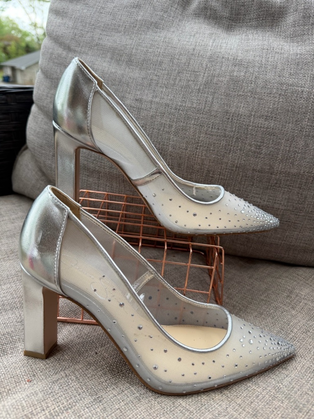 Jessica Simpson Silver Mesh Pointed-Toe Mid Heel Pumps with Crystal Detail